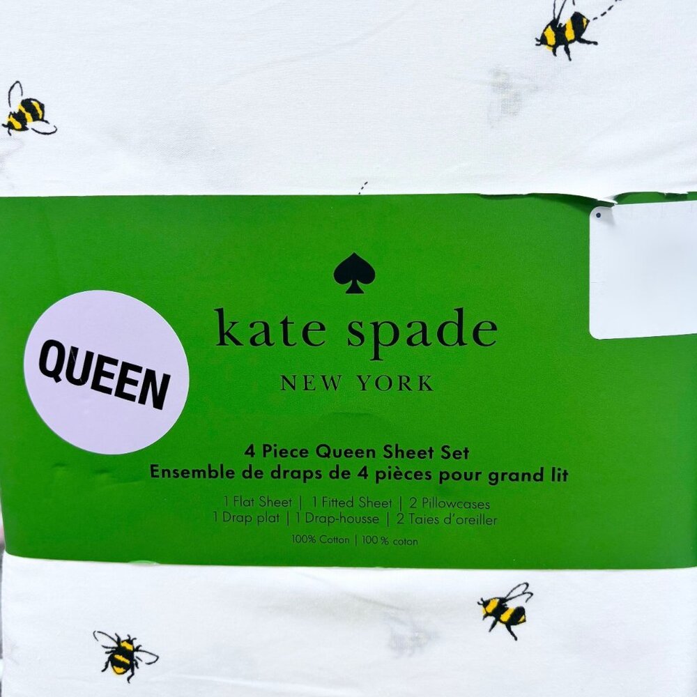 Kate Spade QUEEN Size Sheet Set Bumblebees Bees 100% Crisp Percale Cotton
